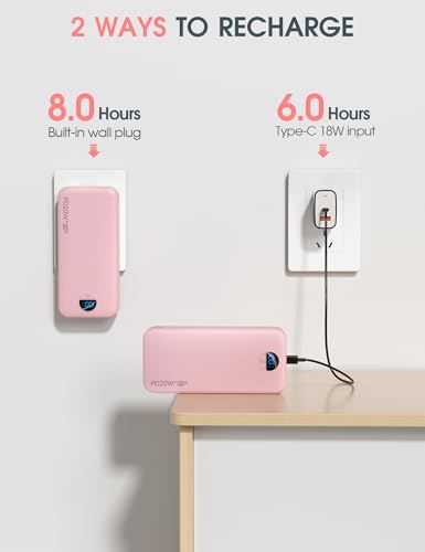 citicr Portable Charger 20000mAh PD20W w/Built-in Cables & Wall Plug Pink | High capacity, Fast charging, Built-in wall plug, LED display, Charge 5 devices at once, Pass through charging, TSA approved - color: Pink-20000mah