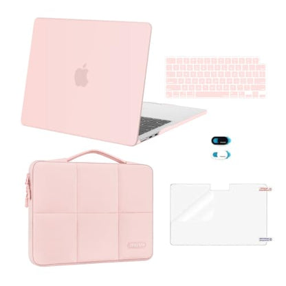 MOSISO Compatible with MacBook Air 13 inch Case M5 M4 M3 M2 2026-2022 | Hard Case&Six Grids Puffy Bag&Keyboard Cover&Webcam Cover&ScreenFilm for MacBook Air 13.6, A3449 A3240 A3113 A2681, Pink - color: Pink