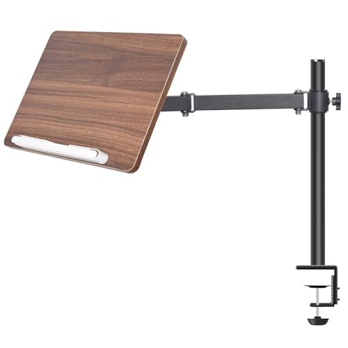 Adjustable Book Stand with Desk Clamp Mount, Wooden Reading Holder with Metal Arm, Black