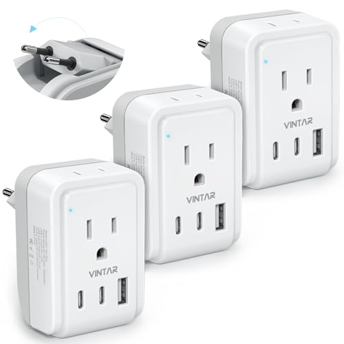 VINTAR 3 Pack European Travel Plug Adapter, Type C Foldable Plug to Europe | 2 AC Outlets 3 USB Ports(2 USB C), International Power Adapter for US to Most EU Euro Italy Spain France, Travel Essentials - style: 17W-Type C - Most of Europe-3 Pack
