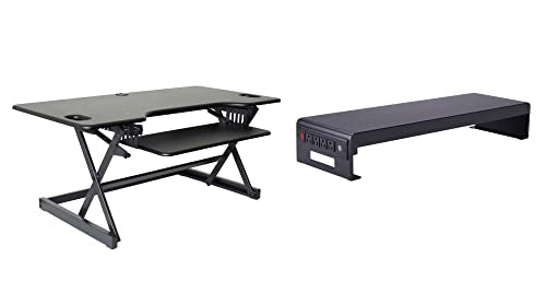 Rocelco 46" Large Height Adjustable Standing Desk Converter with Double Monitor Mount Stand BUNDLE - Quick Sit Stand Up Computer Workstation Riser - Retractable Keyboard Tray - Black (R DADRB-46-DMS) - color: Black, size: 46", style: Riser+Monitor Stand
