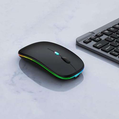 WREANU Wireless Bluetooth Mouse Rechargeable Laptop Mice with LED Lights Silent Slim Use(BT5.2 and 2.4G Portable USB) Dual Mode Computer Mouse for Laptop/iPad/Tablet/Apple/Computer/Mac (Black) - color: Black