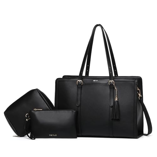 Keyli 4pc Sets Laptop Bag for Women Large Leather Laptop Briefcase with USB Charging Port Computer Shoulder tote Bags Purse - color: 3pc-black