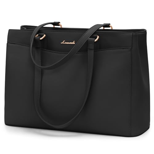 LOVEVOOK Laptop Bag Tote Bag for Women, Work Bags Teacher Tote Bag, Waterproof Leather Computer Bag, Business Laptop Purse Office Handbag Professional Briefcase, 17 Inch, Black