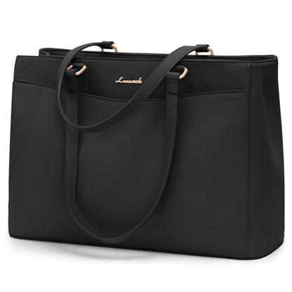 LOVEVOOK Laptop Bag Tote Bag for Women, Work Bags Teacher Tote Bag, Waterproof Leather Computer Bag, Business Laptop Purse Office Handbag Professional Briefcase, 17 Inch, Black