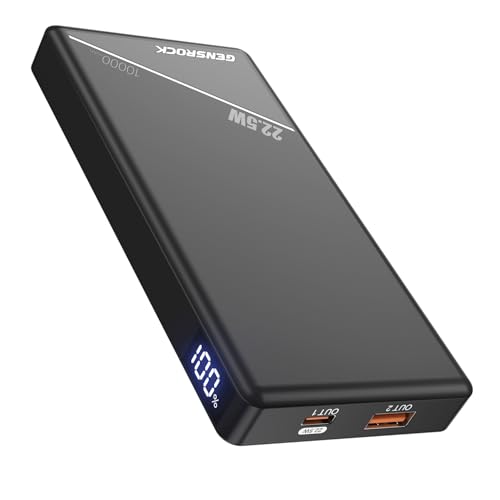 GENSROCK 5V 2A/3A Portable Power Bank 10000mAh, Slim Travel Power Bank | Dual USB | PD 22.5W Fast Charging | LED Display | Slim | Travel | Compatible with iPhone and Android | Flight-Safe | Black - color: Black