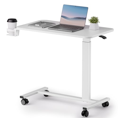 COMHOMA Adjustable Overbed Bedside Table with Lockable Wheels, Pneumatic Mobile Standing Laptop Desk, Small Portable Rolling Overbed Table Hospital Home Use(32" W x 18" D, White) - color: White, size: Large