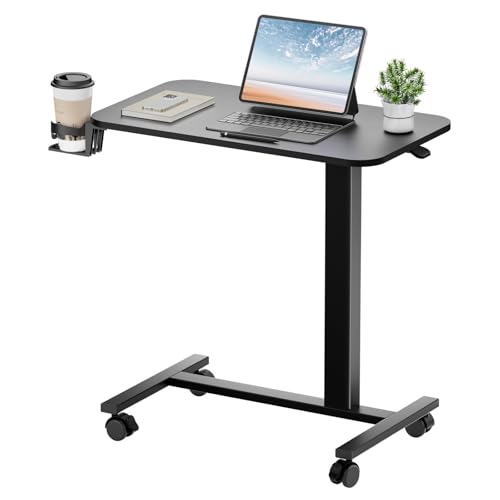 GTPLAYER Small Standing Desk with Lockable Wheels, Pneumatic Mobile Rolling Laptop Desk,Adjustable Height Overbed Bedside Table Computer Workstation for Home Office (28" W x 16" D, Black) - color: Black-lockable, size: Medium