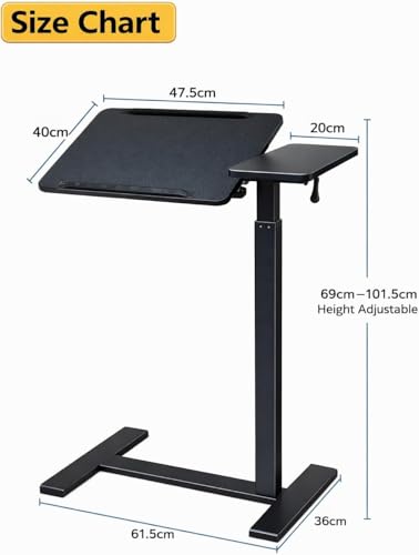 WSA Adjustable Standing Desk with Wheels Pneumatic Height Adjustable Rolling Laptop Desk Tiltable Mobile Computer Workstation Overbed Bedside Table for Home Office Sofa Couch & Hospital Bed (Black) - color: Black