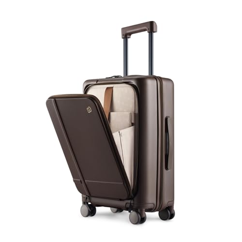 NINETYGO Carry On Luggage 22x14x9 Airline Approved, 20 Inch Suitcase with Front Compartment, Coffee-Infused PC Hard Shell, Eco-Friendly, Cup Holder, Clamshell, TSA Lock, Spinner Wheels (Americano) - color: 01-Dark Chocolate Americano, size: Carry-On 20-In