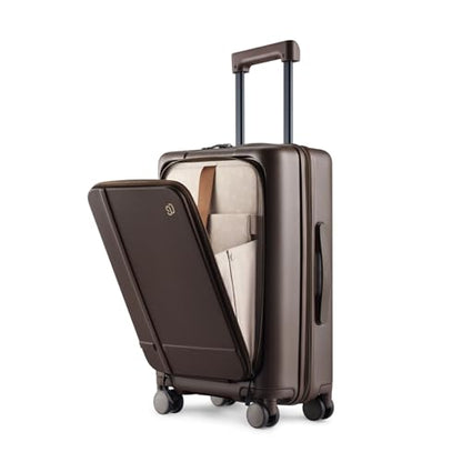 NINETYGO Carry On Luggage 22x14x9 Airline Approved, 20 Inch Suitcase with Front Compartment, Coffee-Infused PC Hard Shell, Eco-Friendly, Cup Holder, Clamshell, TSA Lock, Spinner Wheels (Americano) - color: 01-Dark Chocolate Americano, size: Carry-On 20-In