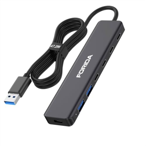 Aluminum 7-Port USB Hub, 47.2In Long Cable Multi-Port USB 3.0 Hub | 4 Port 5gbps USB-C 3.0 & 2 USB-A 2.0 Ports, USB Extender Hub for Desktop Computer PC Laptop (Black) - color: Black