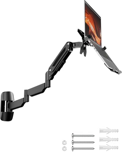 PUTORSEN Extra Long 2-in-1 Laptop Wall Mount with Detachable Tray - 30.28'' Long Gas Spring Adjustable Arm for 12''-17'' Laptops & 13''-32'' Monitors, Hold up to 19.8lbs, Black