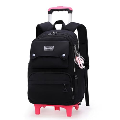 Solid Color Girls Rolling Backpack with Wheels Schoolbag Elementary School Student Trolley Daypack - color: A-black - Two Wheels, size: 2 Wheels