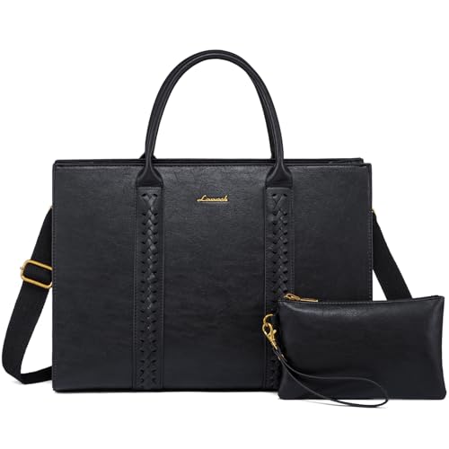 LOVEVOOK Laptop Bag for Women, Vintage Leather Work Bags, Professional Computer Bag Laptop Tote Bag, Business Handbag Office Briefcase Large Shoulder Purse, Black - color: Black-, size: 15.6 Inch