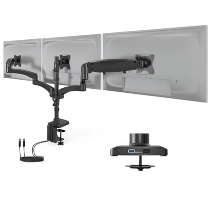 Mount-It! Triple Monitor Desk Stand, USB-A & C, Black | Gas spring arms hold up to 17.6 lbs each, fits 13-32" screens, VESA 75 & 100, built-in USB ports. - color: Black