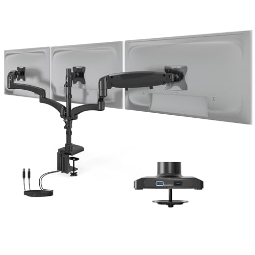 Mount-It! Triple Monitor Desk Stand, USB-A & C, Black | Gas spring arms hold up to 17.6 lbs each, fits 13-32" screens, VESA 75 & 100, built-in USB ports. - color: Black