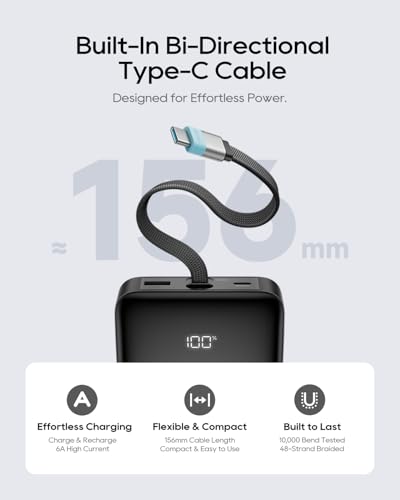 CUKTECH 25,000mAh Power Bank, 100W Max Portable Charger with Built-in USB-C Cable, Fast Charging External Battery Pack for MacBook Pro/Air, iPhone 17/16/15 Series, Samsung, Pixel, Airline Approved
