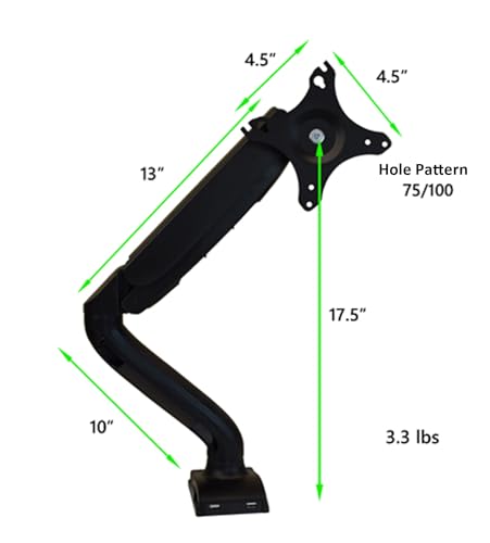 Single Monitor Arm Desk Mount, Computer Monitor Arm Mount w/2 USB Ports Adjustable Height Single Riser, Universal Clamp, Computer Riser, Work from Home Accessories
