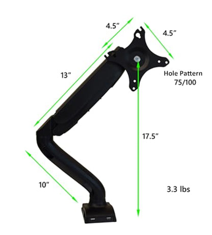 Single Monitor Arm Desk Mount, Computer Monitor Arm Mount w/2 USB Ports Adjustable Height Single Riser, Universal Clamp, Computer Riser, Work from Home Accessories