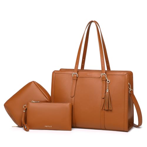 Keyli 4pc Sets Laptop Bag for Women Large Leather Laptop Briefcase with USB Charging Port Computer Shoulder tote Bags Purse - color: 3pc-brown