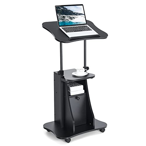 Tangkula Mobile Laptop Podium, Height Adjustable Sit to Stand Desk with Tilting Desktop & Storage Cabinet, Ergonomic Rolling Lectern Cart Laptop Desk, Office Podium Stand on Wheels - color: Black, size: 21.5" x 15.5" x 45"