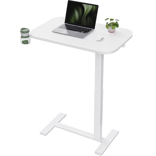 Marsail 28×16″ Overbed Table with Hidden Wheels, Pneumatic Adjustable Bedside Table, Mobile Rolling Table with 360° Hideable Cup Holder, White - color: White, size: 28x16"