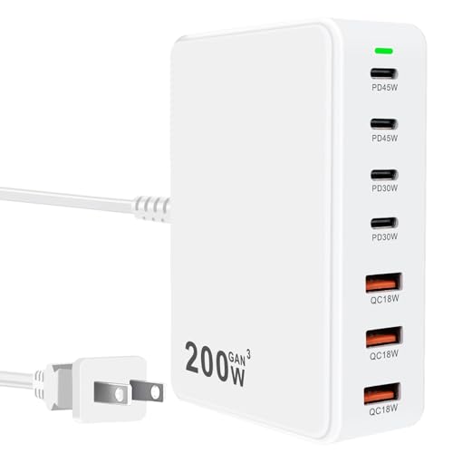 USB C Charger Station 200W PD QC3.0 GaN Fast Charging Block 7 Port (White) | Compatible with Laptop MacBook Pro/Air, iPad, iPhone 17/16/15 Pro/Air Mini, Galaxy S23/22, DELL, Steam Deck - color: white