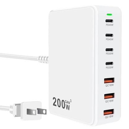 USB C Charger Station 200W PD QC3.0 GaN Fast Charging Block 7 Port (White) | Compatible with Laptop MacBook Pro/Air, iPad, iPhone 17/16/15 Pro/Air Mini, Galaxy S23/22, DELL, Steam Deck - color: white