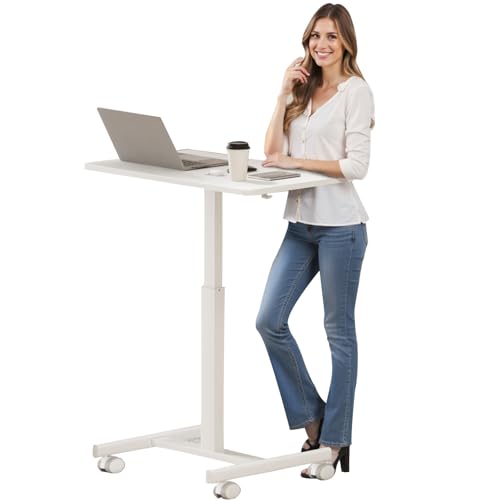CROWNFURN Mobile Small Standing Rolling Desk Adjustable Height, Portable Laptop Desk on Wheels, Workstation for Home Office with Hook,White