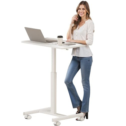 CROWNFURN Mobile Small Standing Rolling Desk Adjustable Height, Portable Laptop Desk on Wheels, Workstation for Home Office with Hook,White