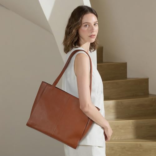 befen Genuine Leather Tote Bag for Women Work Travel Leather Purse Handbags | Real Leather, Padded 14" Laptop Compartment, Multi-Pockets, Zipper, Tote Bag for Daily - color: Cognac Brown 02