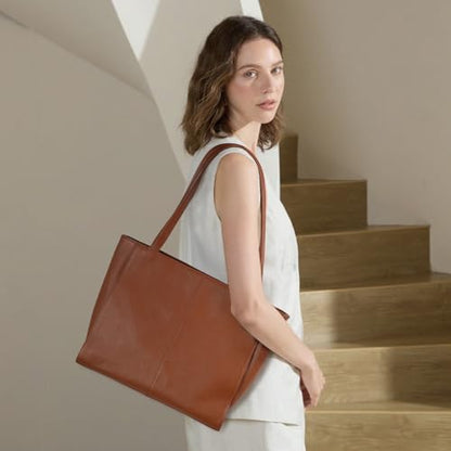 befen Genuine Leather Tote Bag for Women Work Travel Leather Purse Handbags | Real Leather, Padded 14" Laptop Compartment, Multi-Pockets, Zipper, Tote Bag for Daily - color: Cognac Brown 02