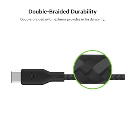 Belkin USB C to USB C 100W Braided Cable 9.9ft Fast iPhone Charger Cord | 100W USB-C Power Delivery, iPhone 17/16, Samsung Galaxy S25, Pixel 10, AirPods, iPad Pro, MacBook, Nintendo Switch 2, travel