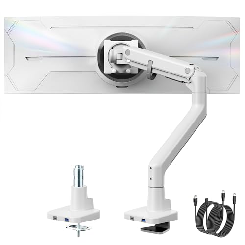 monTEK Heavy Duty Monitor Arm, 17-57" Ultrawide, Gas Spring, with USB，White | Desk Monitor Mount Holds Max 57" Ultrawide Curved Screen Up to 59.4 lbs with USB 3.0A/C,No Sag,Clamp & Grommet Arm,75/100VESA - color: White, size: with USB