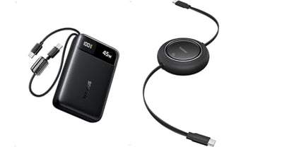 Baseus 100W 6.6ft Retractable USB C Fast Charging Cable, Bundle with 20000mAh Compact Portable Charger 45W, CCC Certified Power Bank Built-in USB-C Cables