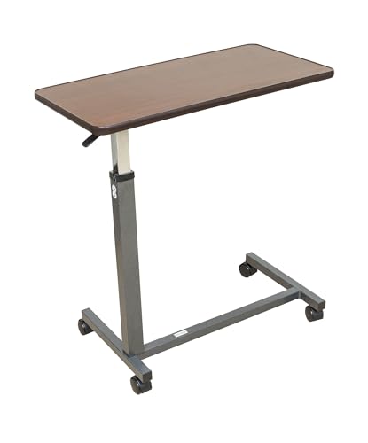 Essential Medical Supply Height Adjustable Automatic Overbed Table - Woodgrain Top with Locking Wheels, Perfect for Hospital and Home Use - Table for Easy Access and Convenience for Adults and Seniors