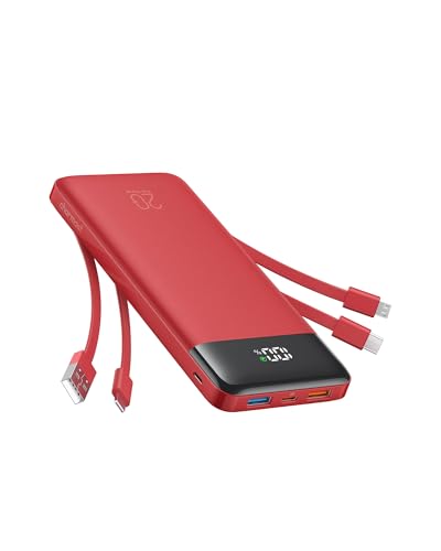 charmast 20000mAh Portable Charger with Built in Cables, 22.5W Travel Power Bank Fast Charging, USB C Cell Phone Battery Pack for iPhone 17/16/15/14/13/12 Series, iPad, Samsung, Android, Tablet - color: Flame Red