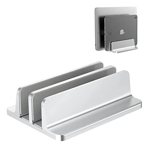 BULL-TECH New Vertical Laptop Stand, Adjustable 2 Slot Aluminum Desktop Holde(Up to 17.3 inch), Fits All MacBook/Microsoft Surface/HP/Dell/ChromeBook/iPad and Gaming Laptops (Silver)