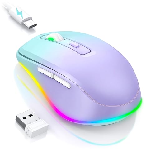 PEIOUS Wireless Mouse Jiggler - LED Wireless Mice with Build-in Mouse Mover, Rechargeable Moving Mouse for Laptop with Undetectable Random Movement Keeps Computers Awake - Purple to Green - color: Purple to Green
