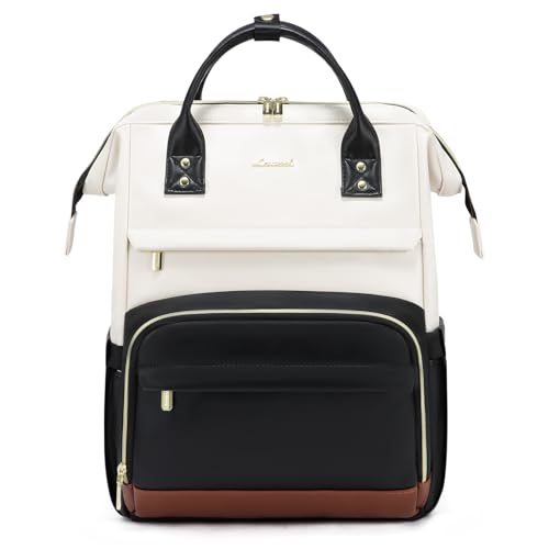 LOVEVOOK Leather Laptop Backpack for Women, 17 inch Professional Work & Travel Bag, Brown - color: Beige White - Black - Brown, size: 17 Inch
