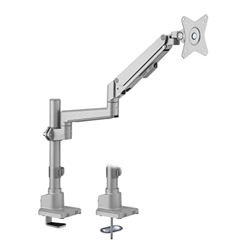 Mount-It! Single Monitor Desk Mount – Pole Mounted Gas Spring Arm, Full Motion Height Adjustable Monitor Stand with C-Clamp or Grommet Base, Fits 19–32 Inch Screens, Silver