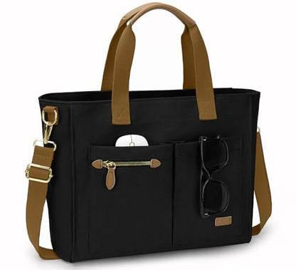 Tuwubi Canvas Tote Bag for Women, Large Tote Bag with Zipper & Compartments for Travel Work College Teacher Nurse - color: Black