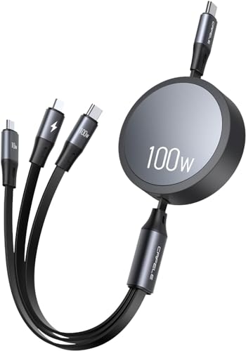 CAFELE 2025 Upgraded 100W Multi Charging Cable, Retractable USB C 3 in 1 Charging Cable with Type C/L/Micro, 5A Fast Charger Cord for Phone 16 15 14, Galaxy S23/S24/S25, MBook, Pad, Multiple Devices - color: Grey-5, size: 4.3ft, style: 100W