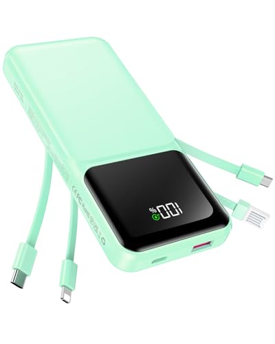 Portable Charger with Built in Cable - 20000mAh Fast Charging Power Bank USB C Slim 22.5W LED Display Battery Pack 5 Outputs & 3 Inputs for Travel Essentials iPhone Samsung Android Phones Tablets Cyan - color: Cyan