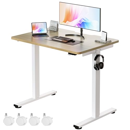 Okin Small Electric Standing Desk, 36" x 24" Whole Piece Height Adjustable Desk, Oak Sit to Stand Computer Workstation with Wheels for Home Office - color: Oak+casters, size: 36 Inch