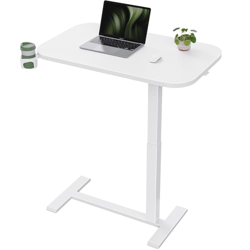 Marsail 32×16″ Overbed Table with Hidden Wheels, Pneumatic Adjustable Bedside Table, Mobile Rolling Table with 360° Hideable Cup Holder, White - color: White, size: 32x16"