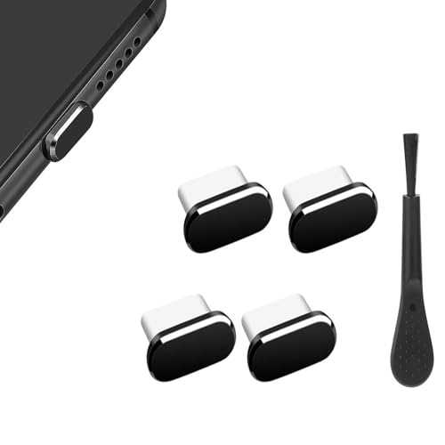 1 Set 5 in 1 Type C Dust Plug Kit, 4 Pieces Metal USB C Charging Port Cover, Aluminum Anti Dust Cap, with Cleaning Brush, for Phone Tablet Laptop, Black