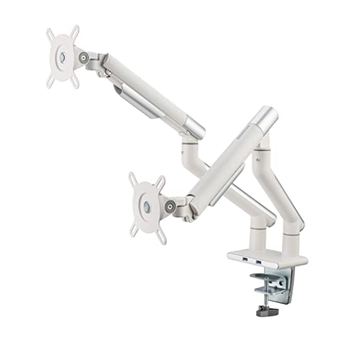 POUT E12 Dual Monitor Arm Mount Stand – Adjustable Full Motion Desk Mount for 17’’-32’’ Screens, Supports 4-22lbs per Arm, VESA 75x75mm & 100x100mm (White/Silver) - color: White/Silver/Daul