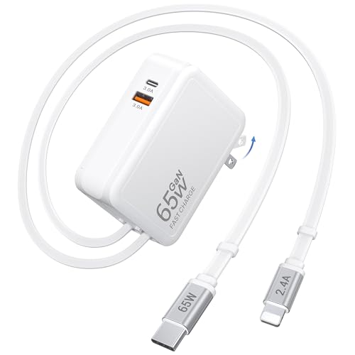 [NEW] 65W Retractable Wall Charger for iPhone, 4-in-1 Foldable Phone Charger with Dual USB Ports & 31.5in Cables, USB Type C Fast Charging Block Travel Essentials for MacBook iPhone iPad Galaxy, 1Pack
